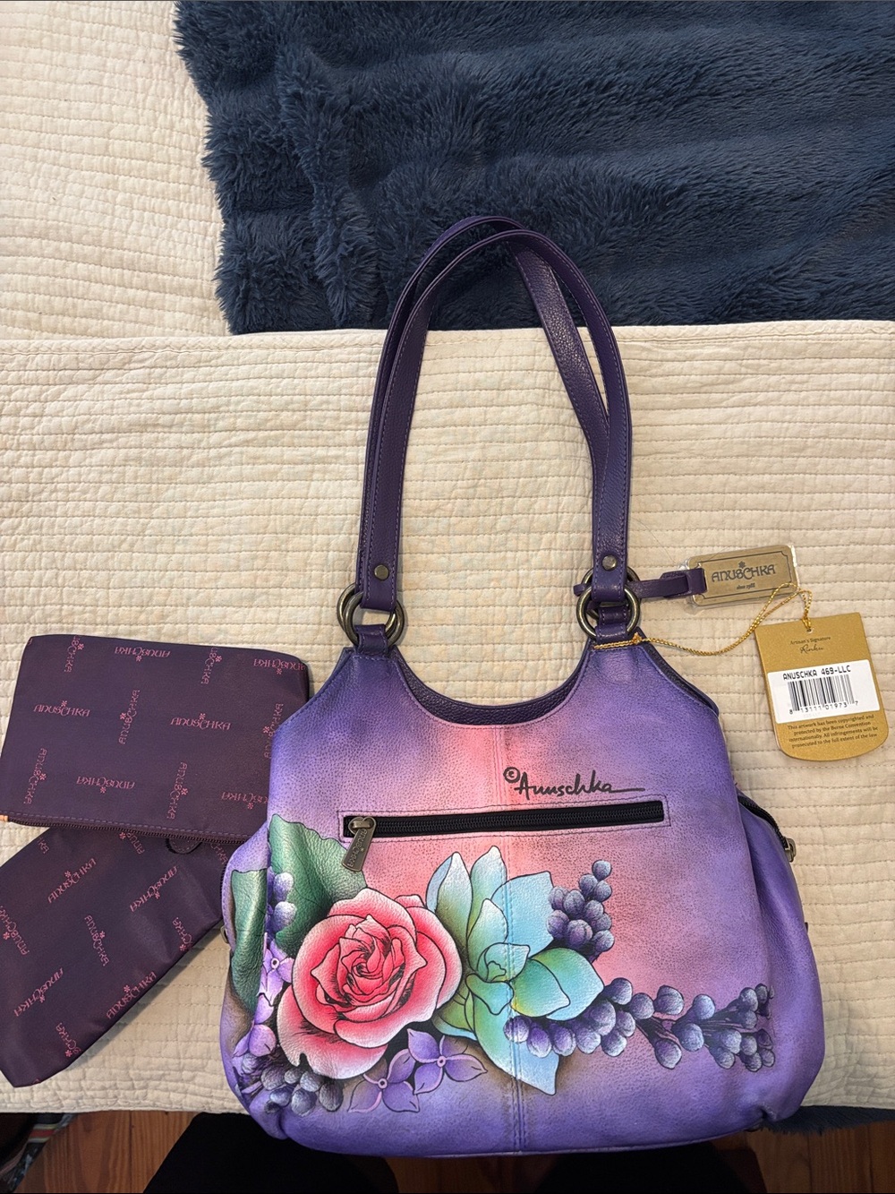 Anuschka Hand-Painted Purple and Pink Floral Shoulder Bag